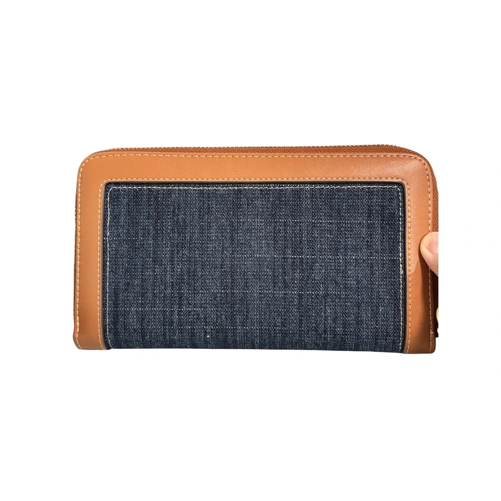True Religion Denim Zip Around Wristlet Wallet Blue Brown Buddha Logo Patch